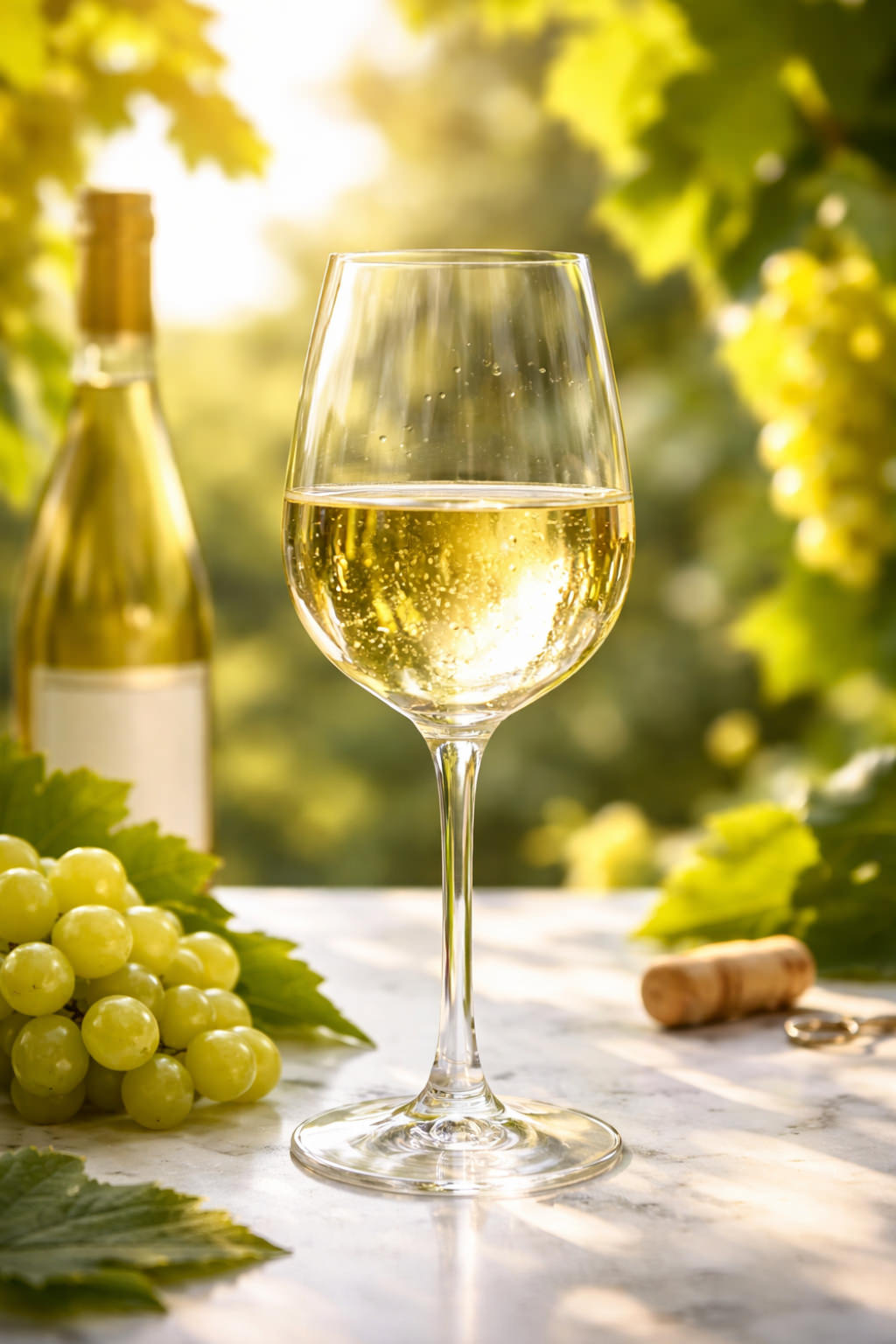 Glas Weißwein mit Weintrauben vor sonnigem Weinberg-Hintergrund.